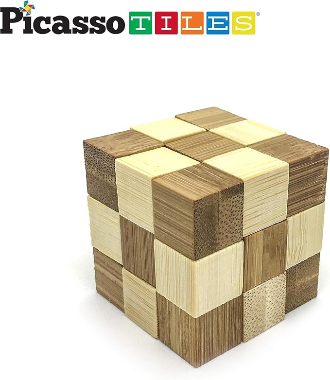 PicassoTiles 8 Styles Interlocking Sensory Toys Wooden Burr Cube, Ball and Barrels Logic Skill Genius Puzzle Brain Teaser Games & Intellectual 3D Assembling Educational Toy Set for Kids & Adults PTP08