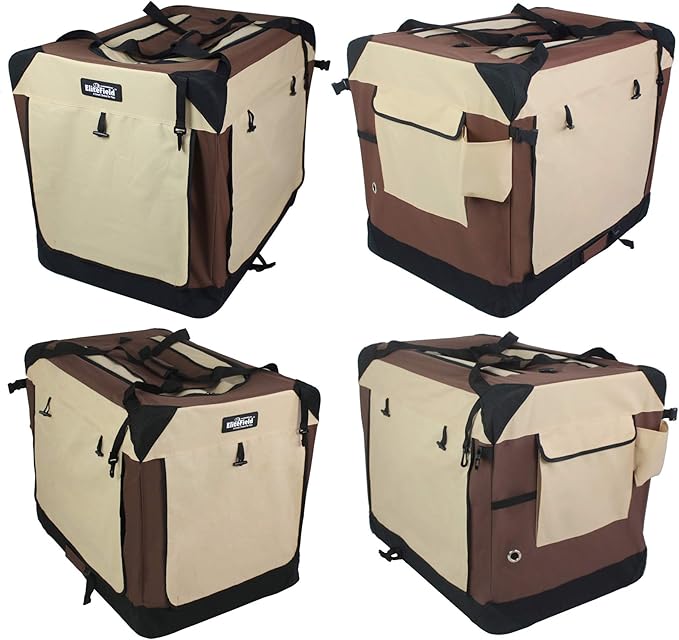 EliteField 4-Door Folding Soft Dog Crate with Curtains, Carrying Bag and Fleece Bed (2 Year Warranty), Indoor & Outdoor Pet Home (30" L x 21" W x 24" H, Brown+Beige)