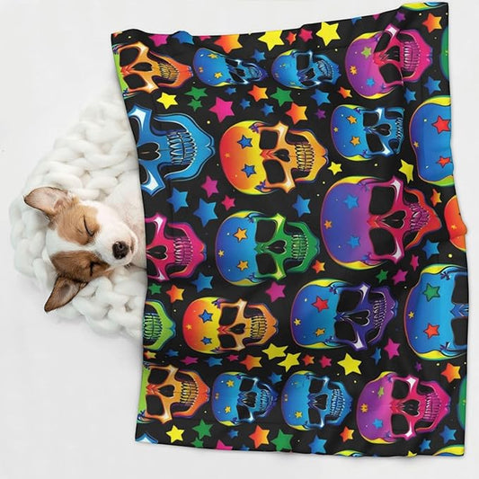 Pet Blanket for Travel and Home, Colorful Stars Neon Skulls, Reversible Plush Dot Design with Soft Grip Texture on One Side Perfect for Car Seats Moving Vehicles