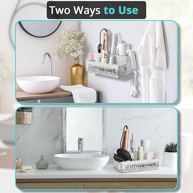 Bivvclaz Hair Tool Organizer, Rustic White Wood Hair Dryer Holder Countertop, Wall Mount Hot Tools Organizer for Hair Styling Accessories, Bathroom Supplies Vanity Caddy for Curling Wand, Blow Dryer