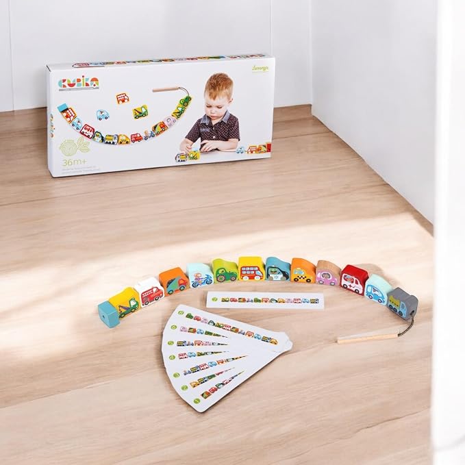 Wooden Flyring Cars Lacing Toy – Montessori Lacing Toy for Kids Ages 3+ – Wooden Lacing Cards with Threading String – Fine Motor Toy – FSC-Certified Wood, Travel Toy for Toddlers