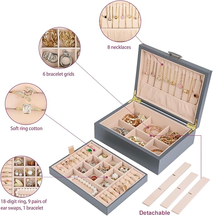 Small Jewelry Organizer for Women, 2-Layer Travel Jewelry Box with Portable Case, Necklace Ring Storage for Dresser, Girls Teens Gifts (Grey)