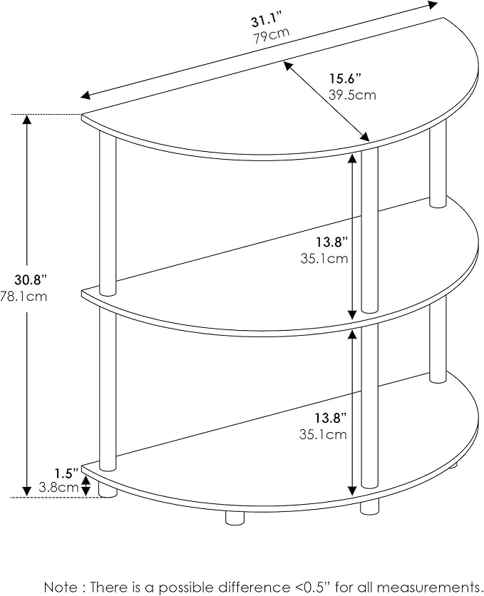 Furinno Frans Turn-N Half Round Console Table with Stainless Steel Tubes, White Oak, 15.6D x 31.1W x 30.8H in