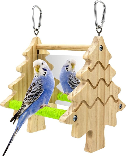 Bird Mirror Toy Perch, 2-Sided Hd Parakeet Mirrors & 2 Cotton-Wrapped Perches for Multiple Birds, Wooden Frame Hanging Parrot Swing for Cage, Safe No Sharp Edges Bird Toy for Budgie Lovebird Cockatiel