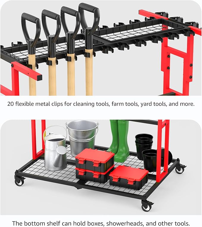 CCCEI Garage Organization with Wheels, Outdoor Gargen Yard Shed Tools Organizer Cart, Home Storage for Cleaning Supplies, Broom Holder, for Shovel and Rake, Long Farming and Farming Tools, Red.