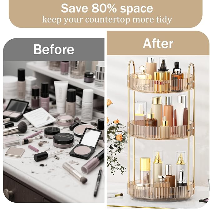 MOKANI 360 Rotating Makeup Organizer for Vanity, 3 Tier Adjustable Perfume Organizer for Dresser, Multi-Function Spinning Cosmetics Skincare Storage for Bedroom, Dresser, Countertop, Amber