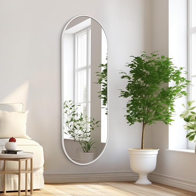 Oval Bathroom Mirror 48 x 16 Inch, Large White Full Length Mirror, Oval Pill