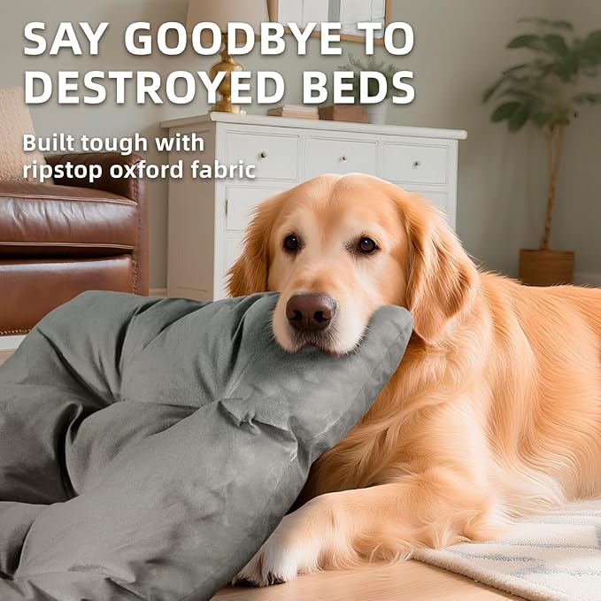 Chew Resistant Dog Bed for Extra Large Dogs - Durable 47"x29" Kennel Pad with Soft Plush Filling, Machine Washable Crate Mat for Aggressive Chewers, Indoor Outdoor Pet Bed, Gray