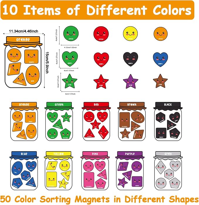 QOUBAI 10 Packs Shape Color Recognition Fridge Magnetic Sorting Set | Shapes Magnets for 1-3 Toddlers Educational,Kids Preschool Learning Magnets for Refrigerator Whiteboard Classroom Game