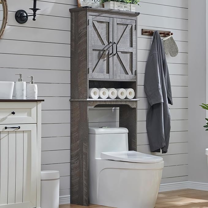 ACCOHOHO Over The Toilet Storage Cabinet, Farmhouse Bathroom Cabinet with Adjustable Shelf & Barn Door, 67" Tall Over The Toilet Shelf, Grey Wash