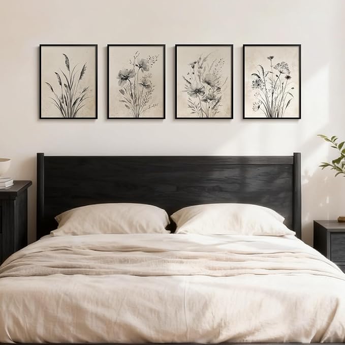 Framed Vintage Botanical Wall Art, 4 Piece Neutral Rustic Boho Floral Canvas