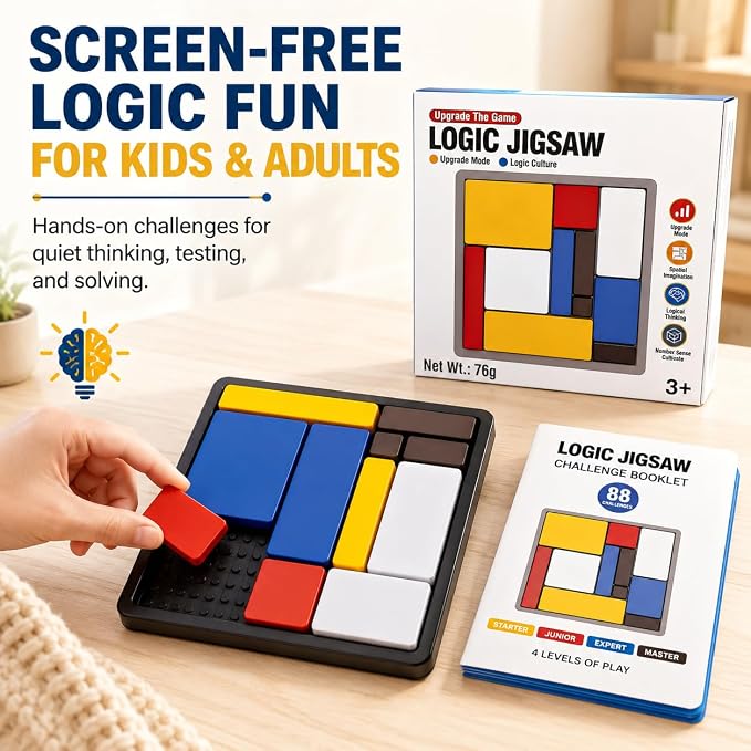3 Pack Logic Puzzle Brain Teaser Game for Kids and Adults, 3 Complete Sets with 88 Challenges Each, 4 Difficulty Levels, Portable Travel Puzzle Set, Screen-Free Learning Brain Game by Sooshoom