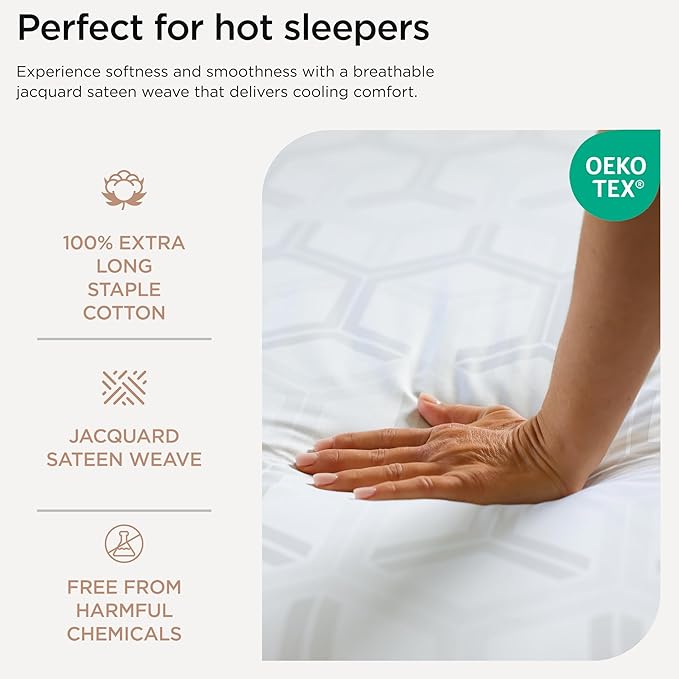 Threadmill 100% Cotton Sheets for King Size Bed - 600 Thread Count King Bed Sheets Set with 16” Deep Pocket - Jacquard Sateen Weave 4-Piece Bedding Set with Cooling Effect, White