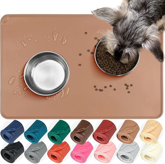 VIVAGLORY Dog Food Mat Flexmat Dog Bowl Mat, Placemat Food Tray with Raised Edges & Lip for Indoor Floor, Non Slip Waterproof Silicone Dish Placemat for Cat & Pet, S, Khaki