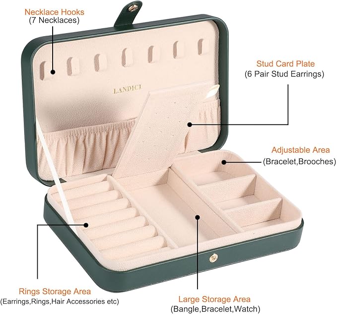 LANDICI Small Jewelry Box for Women Girls, PU Leather Travel Jewelry Organizer Case, Jewellery Storage Holder Display for Ring Earrings Necklace Bracelet Bangle Watch Men Kids Gift, Blackish Green
