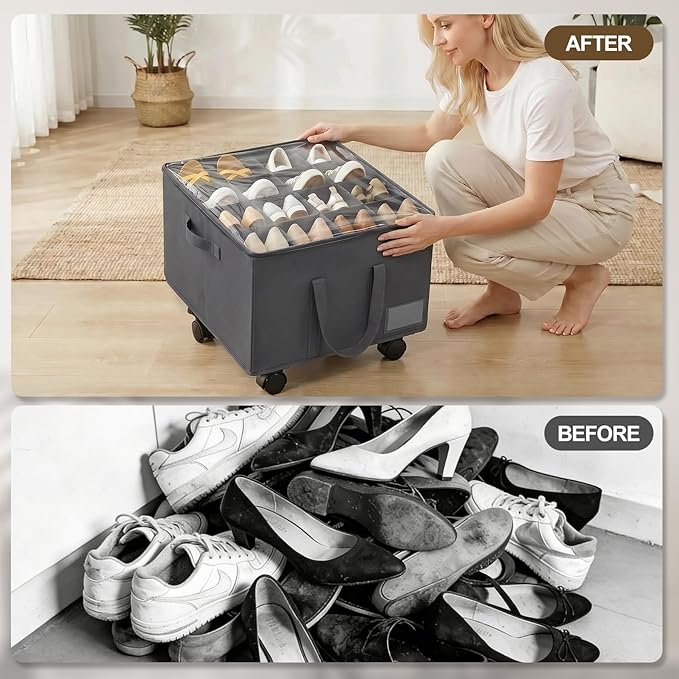 Large Shoe Organizer for Closet, Adjustable Dividers Shoe Storage Box Bins with Wheels Clear Cover Reinforced Handle Side Pocket Fits up to 16 Pairs, Foldable Shoe Organizer for Entryway Grey