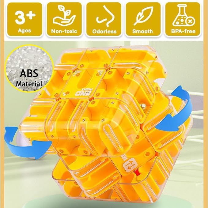 Labyrinth 3D Puzzles Maze Cube, Education Learning Toys for Logical Thinking, Birthday Gift for Kids Adults Family Board（Yellow）