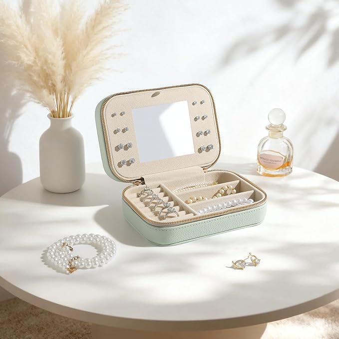 Genuine Leather Travel Jewelry Organizer Case with Mirror for Women, Small Mini Portable Jewelry Box for Ring Earrings Necklace Bracelet Luxury Gift for Women（Mint Green）