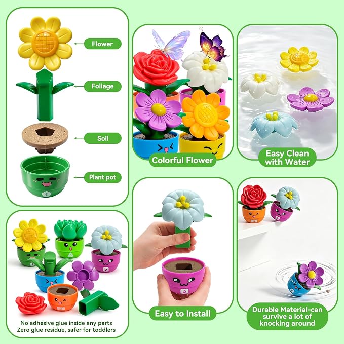 Montessori Flower Garden Building Toy for Girls & Boy, Toddler Gardening Set with 10 Shape & Number Flowers, Preschool Learning Matching & Stacking Game, Sensory Toys Gifts for 1 2 3 Year Old