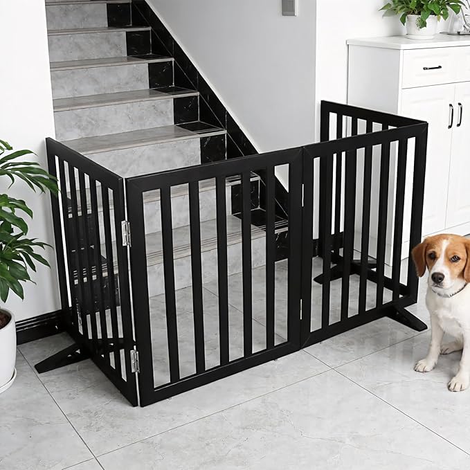 Dog Gate Indoor, Freestanding Dog Fence for The House, Doorways, Hallways,or Stairs,Pet Gate Foldable Wooden,Expandable 24" Height 2 Panels,Black