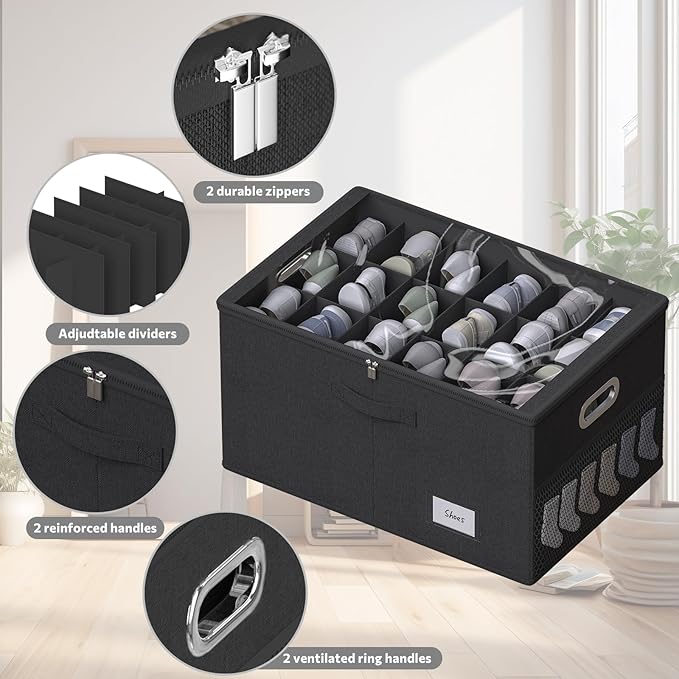 Foldable Shoe Storage Box for 18 Pairs – Black