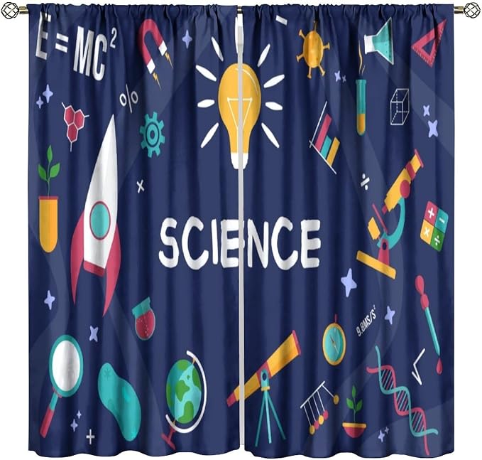 Science Symbols Kids Curtain Sketches Cartoon Chemistry Physics Geometry Education Pattern Print Window Drapes for Bedroom Living Room Kitchen Decor,2 Panel Set,42x63 Inch Blackout