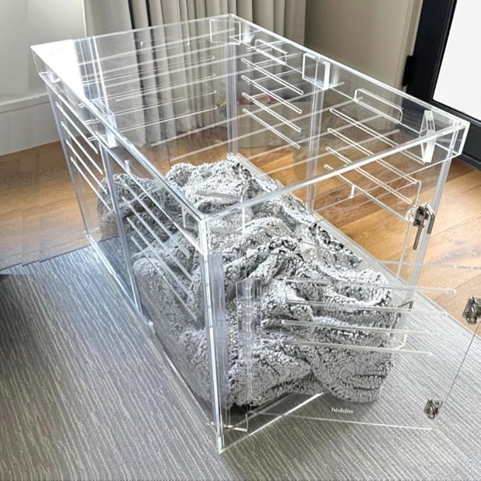 Clear Acrylic Medium Dog Crate Furniture with Blush Cushion for Medium Dogs up to 40 lbs, 3 in 1 Pet Crate and Gate, Modern Furniture Style Indoor Kennel, Dual Silver Latch, 20 x 30 x 22 in