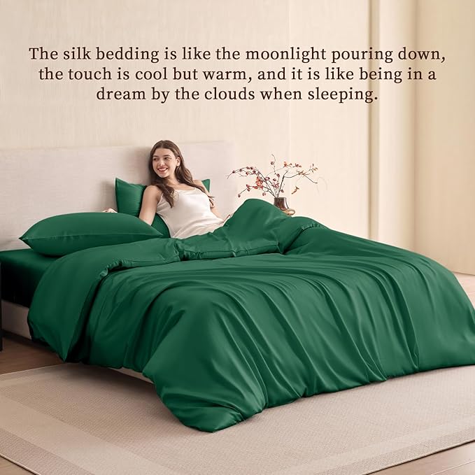 THXSILK 100% Pure Mulberry Silk Duvet Cover Set 3 Piece, 6A+ Grade Luxury Soft Bedding Silk Sheets for Hair and Skin, 1 Pcs Quilt/Comforter Cover with 2 Zippered Pillowcases (Emerald Green, Twin)