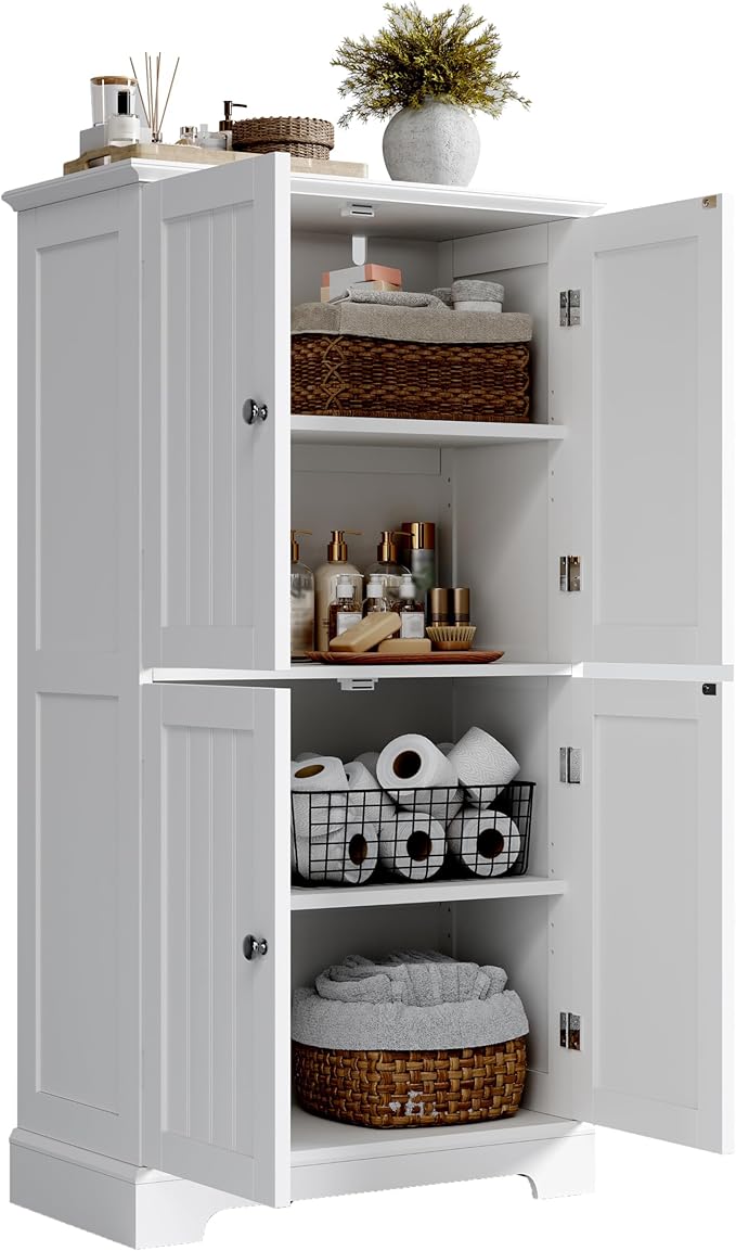 ChooChoo Bathroom Floor Cabinet, Modern Bathroom Storage Cabinet with 4 Doors and Adjustable Shelves, Freestanding Cupboard for Living Room, White