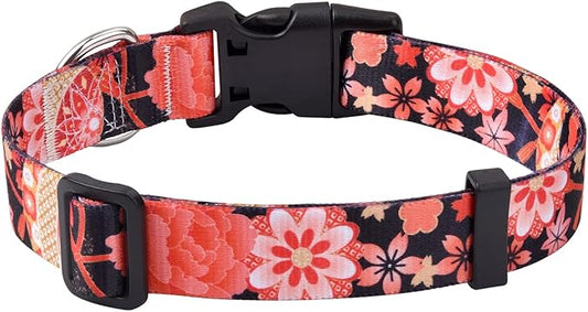 Dog Collar with Bohemia Floral Tribal Geometric Patterns - Soft Ethnic Style Collar Adjustable for Small Medium Large Dogs(Red Flower A,L)