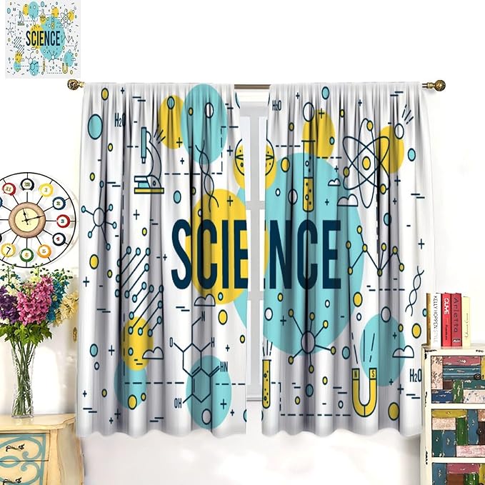 Science Window Curtains, Chemistry Chemical Science Pharmacy Research Room Darkening Door Window Rod Pocket Curtain for Girls Boys Kids Bedroom Study Room Classroom Set 2 Panels,84x84 Inches