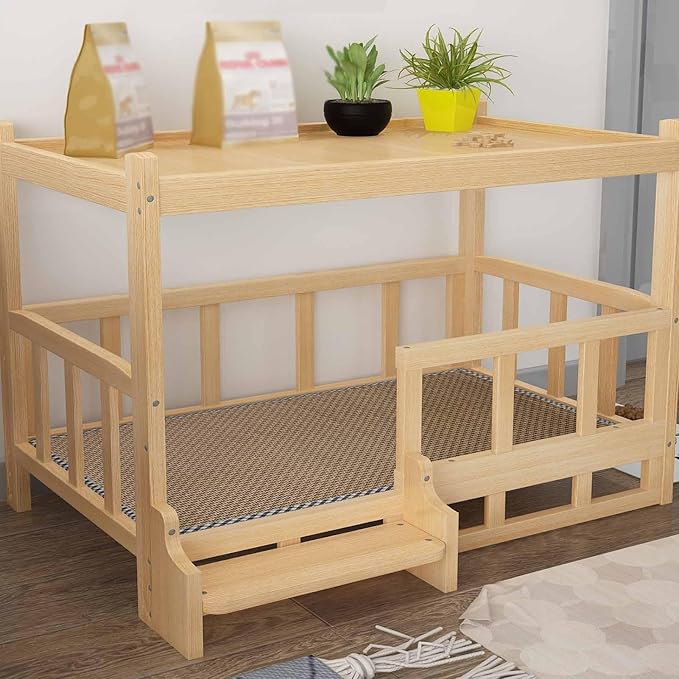 XPLKQXE Dog Bed Wood Platform, Elevated Pet Cushion Bed, Animal Couch with Mattress, Dog Beds & Furniture Rest Cot, Portable Fence Bed Pet Up to 45kg/100lbs(Color:Blue,Size:90x55x70cm)