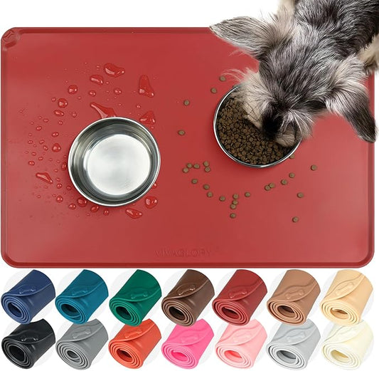 VIVAGLORY Dog Food Mat Flexmat Dog Bowl Mat, Placemat Food Tray with Raised Edges & Lip for Indoor Floor, Non Slip Waterproof Silicone Dish Placemat for Cat & Pet, S, Burgundy