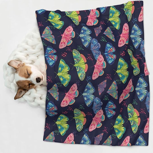 Double Sided Pet Bed Blanket for Added Cushion Warmth, Colorful Butterflies, Reversible Cover with Textured Dot Surface for Existing Beds Standalone Mat