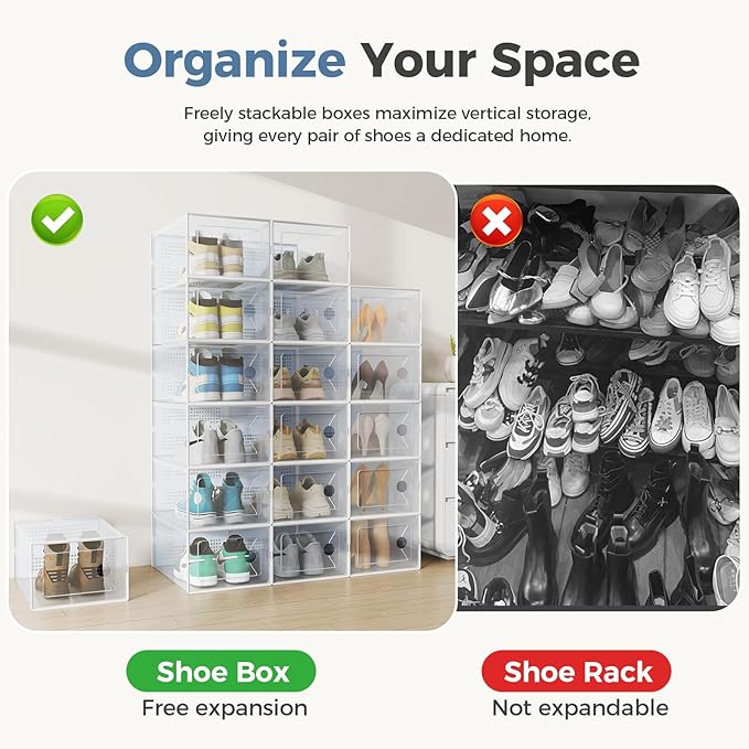 OLIXIS Shoe Storage Boxes, 15-Pack Stackable Clear Shoe Organizers with Lids, Sneaker Display and Storage Containers for Closet, Under Bed, Entryway, White