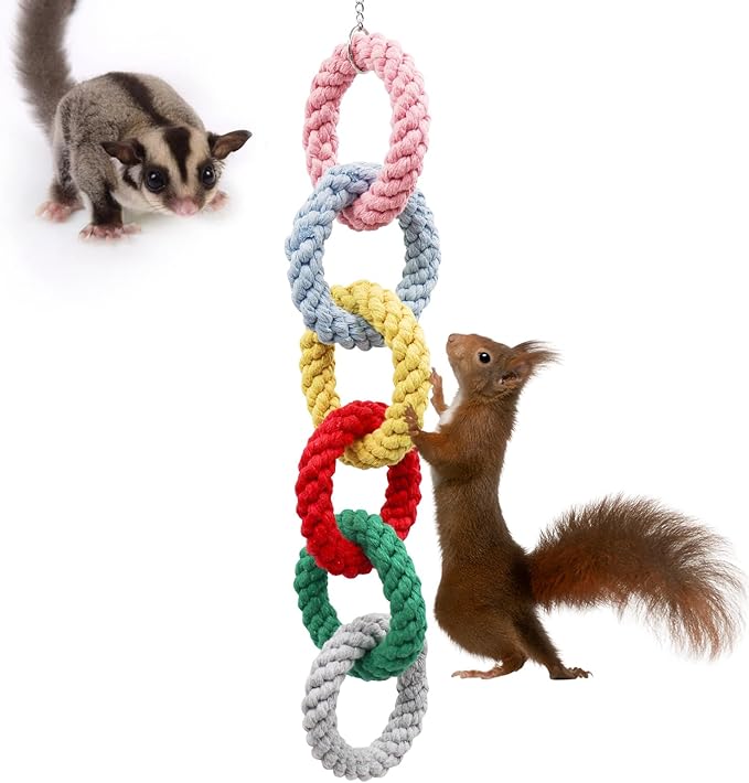 Sugar Glider Toys, Hanging Cotton Rope Ring Climbing Toy for Little Pet, Rat Toys, Sugar Glider Cage Accessories, Exercise Toys for Sugar Glider, Rat, Squirrel, Bird, Other Little Climber （Short）