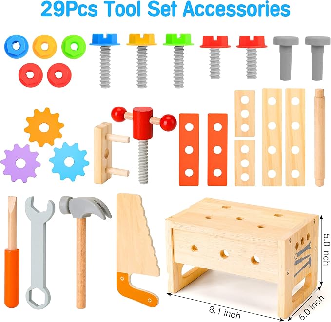 Wooden Tool Set for Kids 2 3 4 5 Year Old, 29Pcs Educational STEM Toys Toddler Montessori Toys for 2 Year Old Construction Preschool Learning Activities Gifts for Boys Girls Age 2-4 1-3 (Pack of 2)