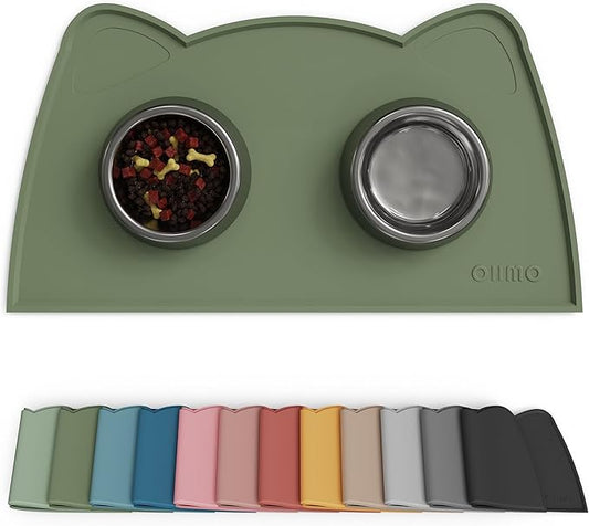 OHMO - Cat Food Mat, Silicone Pet Feeding Mat for Floor Non-Skid Waterproof Dog Water Bowl Tray, Easy to Clean Pet Placemat (Camo Green, 18 * 9.8'')