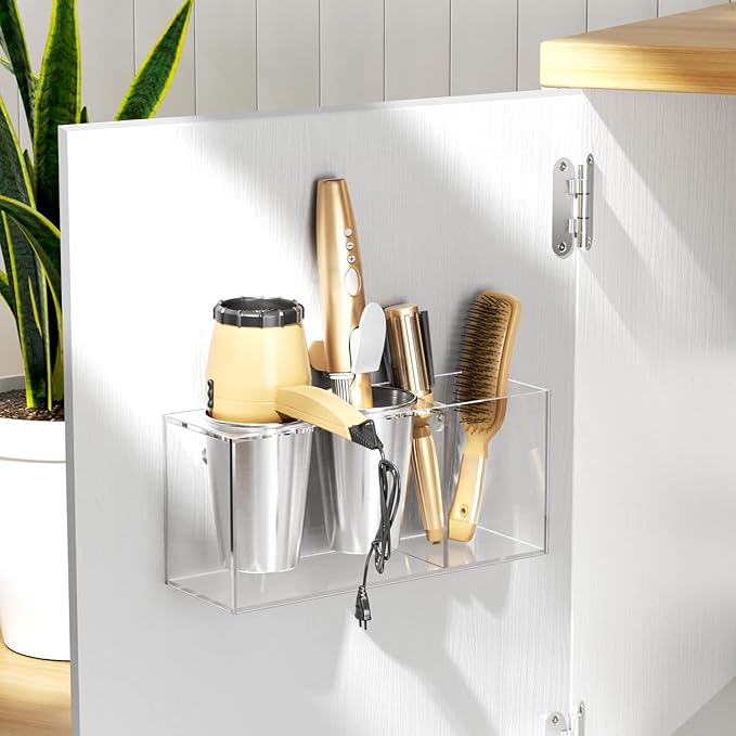 NIUBEE Hair Dryer Holder, Hair Tool Organizer Wall Mount, Blow Dryer Holder Cabinet Door, Bathroom Styling and Hot Tools Organizer for Flat Irons, Curling Irons (Clear)