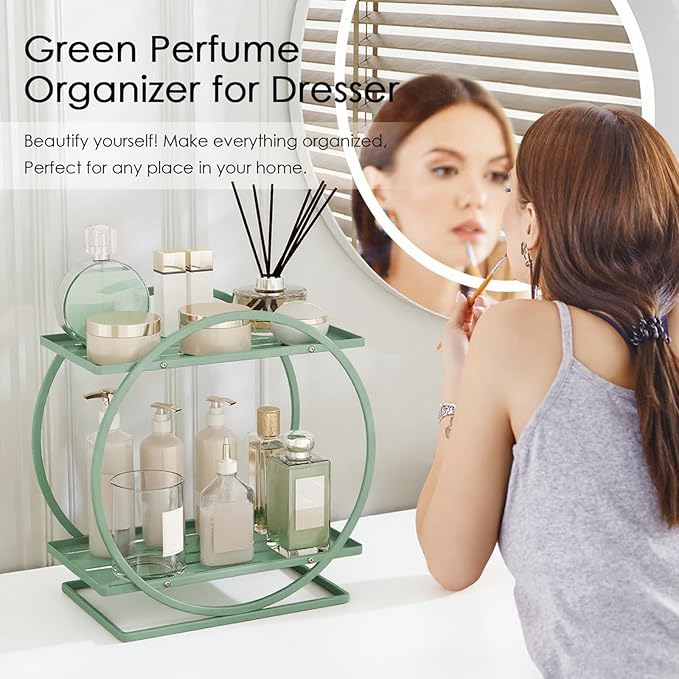 Green Perfume Organizer for Dresser, 2-Tier Bathroom Counter Organizers, Elegant Round Makeup Organizer for Vanity, Versatile Bathroom Tray Countertop Shelf, Compact Skincare Storage
