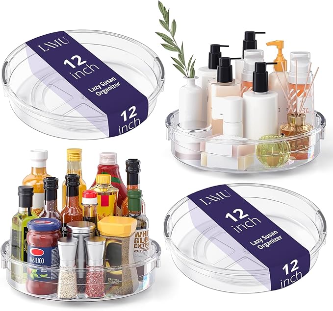 LAMU 4 Pack 12in Lazy Susan Organizer, Clear Lazy Susan Turntable for Cabinet, Refrigerator, Table Top, Kitchen, Bathroom, Pantry Organizers and Storage