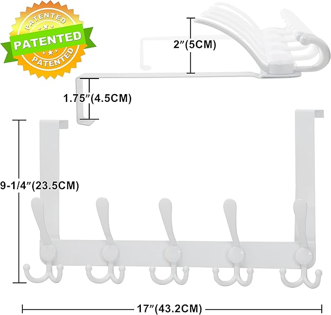 Dseap Over The Door Hook Hanger - Fits 1 3/8" to 1 3/4" Standard Doors | 5 Tri Hooks Heavy Duty Towel/Coat Rack | Door Organizer for Clothes, Jackets, Hats, Towels, Green
