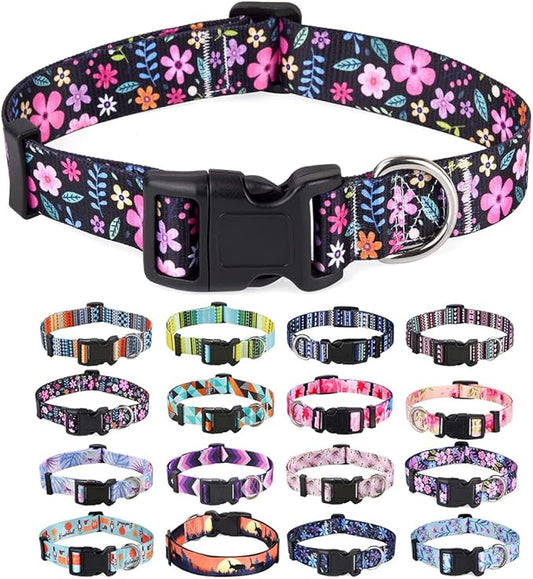 Dog Collar with Bohemia Floral Tribal Geometric Patterns - Soft Ethnic Style Collar Adjustable for Small Medium Large Dogs(Floral,M)