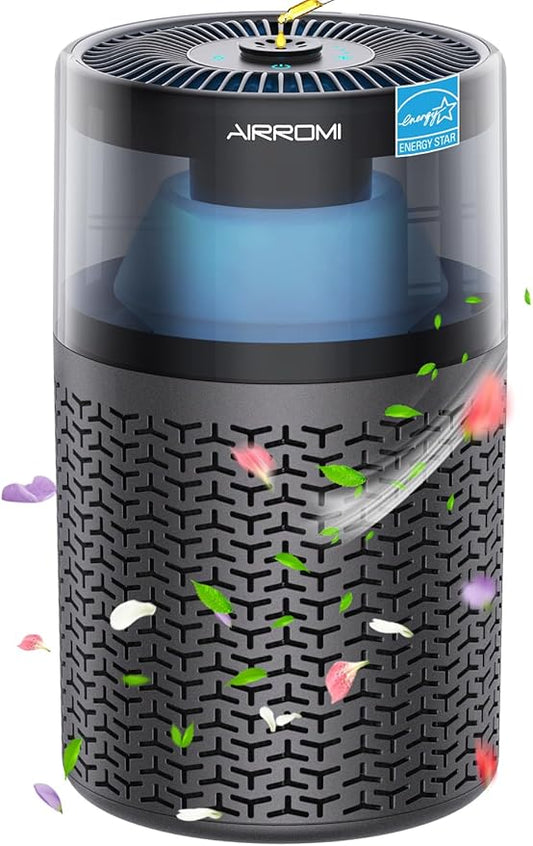 AIRROMI Pet Air Purifier for Home & Bedroom, HEPA Activated Carbon Filter, Removes Pet Dander & Odor, Allergies, Smoke, Hair, Night Light, Fragrance Sponge, Up to 658 ft², A2002 Grey