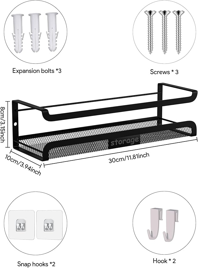 Spice Rack Wall Mount with Hooks - Spice Racks Organizer for Cabinet Storage, Wall Mounted Hanging Shelf Seasoning Organizer, for Kitchen, Pantry Door, Bathroom (Black, 1 Pack)