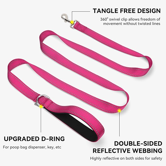 Joytale Dog Leash, 6 FT Double-Sided Reflective, Padded Handle Nylon Heavy Duty Leashes for Medium & Large Dogs Walking, Hotpink