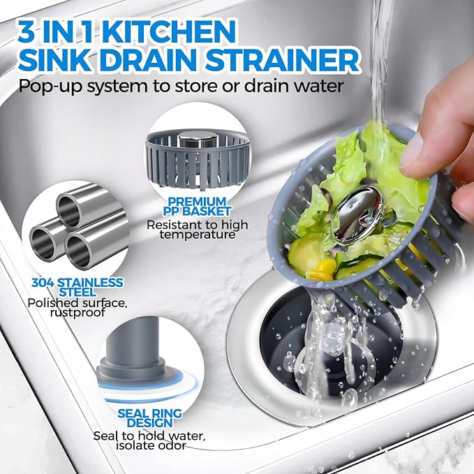 Kitchen Sink Drain Strainer - 2Pack Sink Stopper, Drain Protector, Kitchen Drain Plug & Sink Installation Parts with Anti-Clogging Basket, Fit US Standard 3-1/2'' Sink Drain Hole, Silver