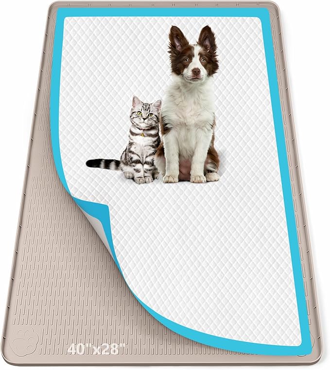 Pee Pad Holder for Dogs, 40" x 28" Silicone Pee Tray Mat Leak-Proof, High Edge, No Spill Pet Pad Holder for Puppy, Cat, Rabbit, Dog Training Pads for Home Floor Protection (Khaki)