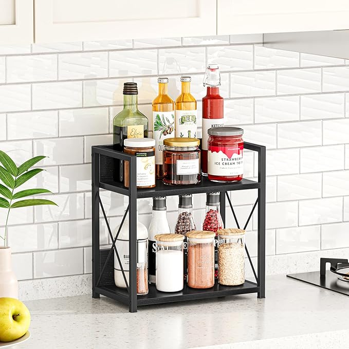 Giikin Countertop Organizer, 2 Tier Coffee Station Organizer for Desktop, Wood Counter Shelf Spice Rack for Kitchen (Black, M)