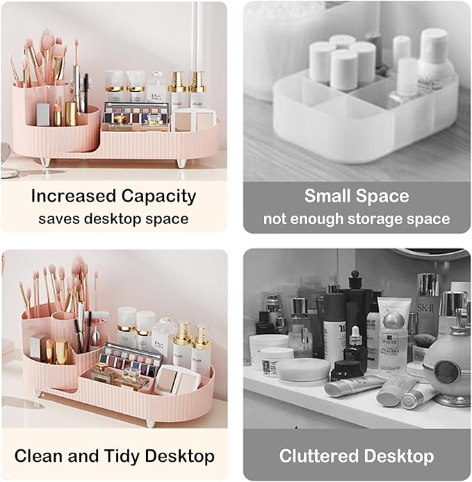 Pink Rotating Vanity Organizer with Brush Holder - Large Spinning Cosmetic Storage, Countertop Makeup & Skincare Organizer, Perfume & Lotions Display Case